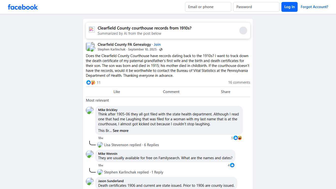 Clearfield County PA Genealogy | Does the Clearfield County Courthouse have records dating back to the 1910s | Facebook