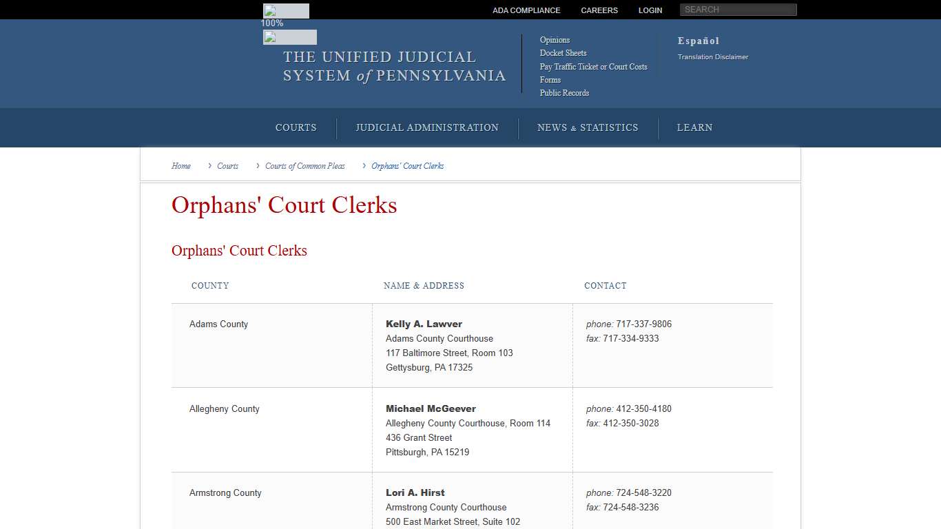 Orphans' Court Clerks | Courts of Common Pleas | Courts | Unified Judicial System of Pennsylvania